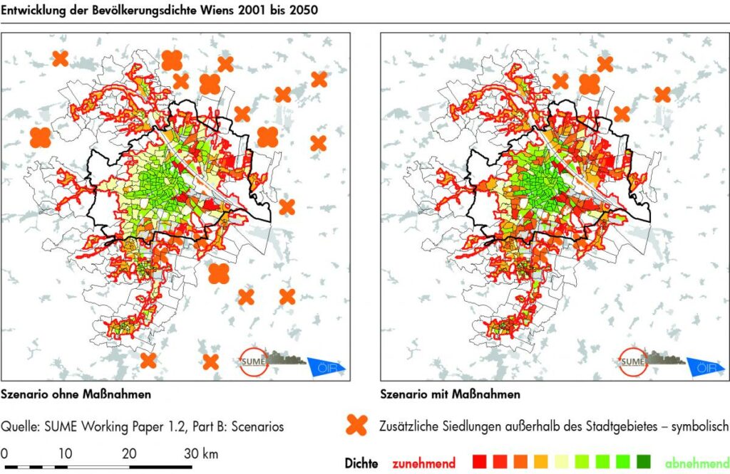 Entwicklung der Bevölkerungsdichte Wiens 2001 bis 2050 © ÖIR GmbH