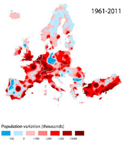 Bevölkerungsveränderung innerhalb eines 50-km-Radius, 1961-2011, © UMS RIATE, Spatial Foresight