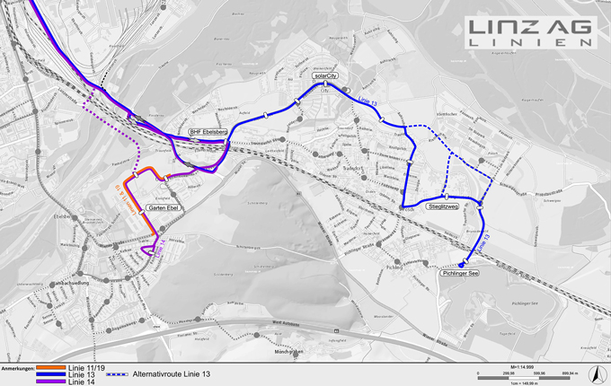 Zielnetz mit den neuen Buslinien 13 und 14, © Linz Linien AG